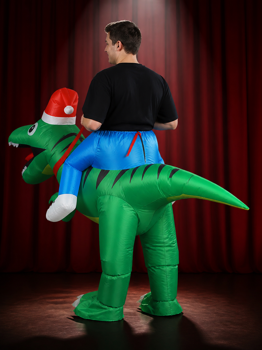 Inflatable Dinosaur Costume with Christmas Hat and Black Stripes for Halloween back view