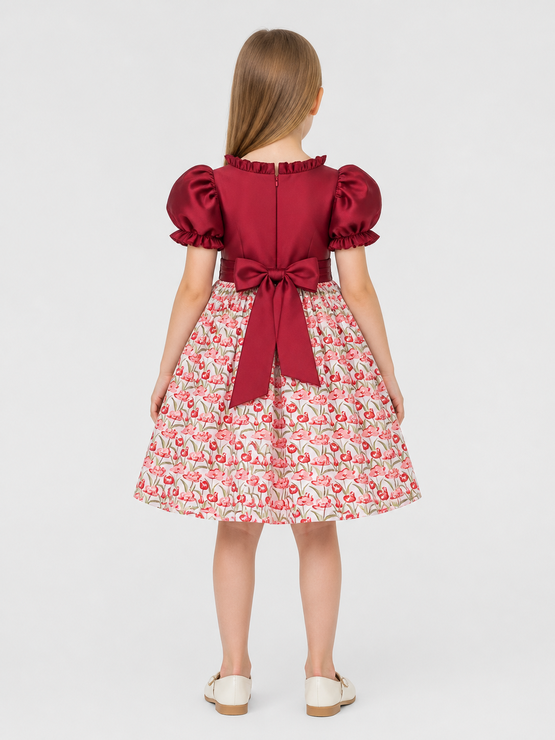 Burgundy Princess Dress with Floral Print and Bow back view