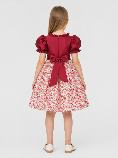 Burgundy Princess Dress with Floral Print and Bow back view