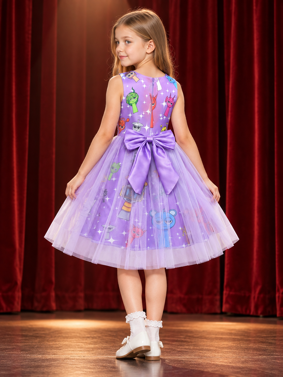 Purple sleeveless dress with bow and star print