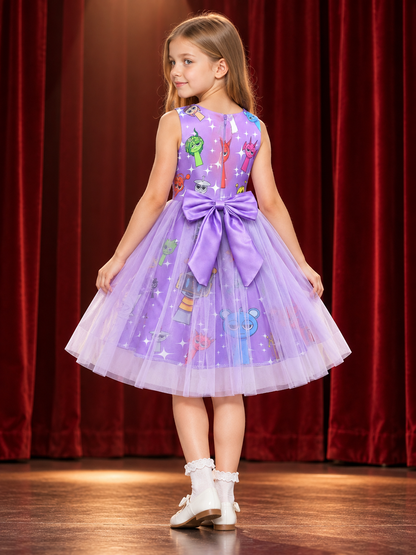 Purple sleeveless dress with bow and star print