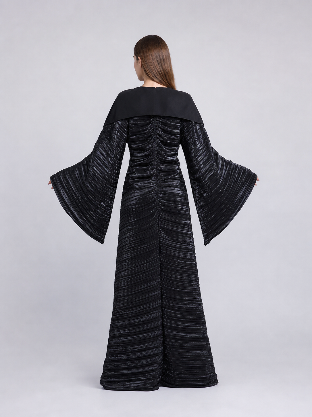 Long Black Dress with Bell Sleeves back view