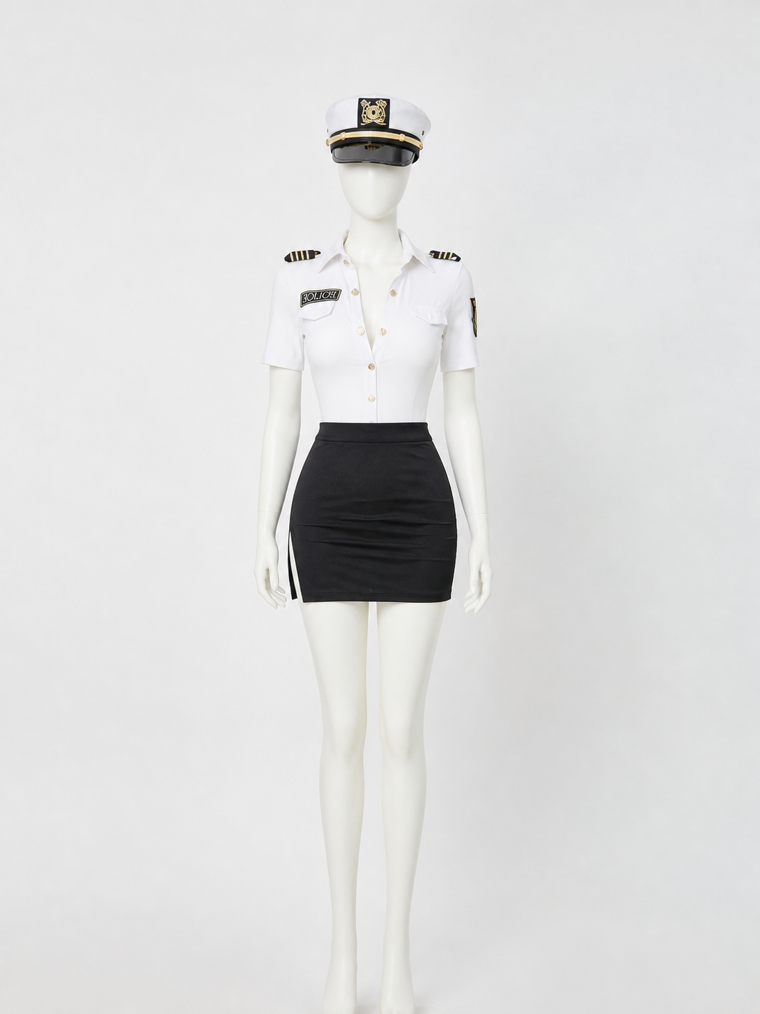 Women's Police Officer Costume Set, White Short Sleeve Top & Black Skirt with back view