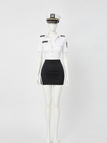 Women's Police Officer Costume Set, White Short Sleeve Top & Black Skirt with back view