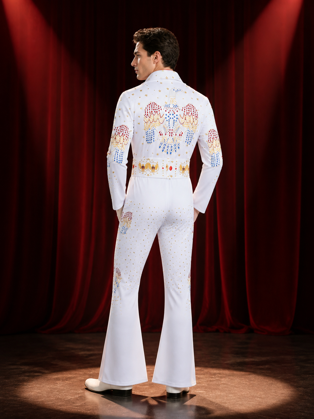 White Rock Singer Jumpsuit Costume With Flared Legs And Colorful Patterns back view