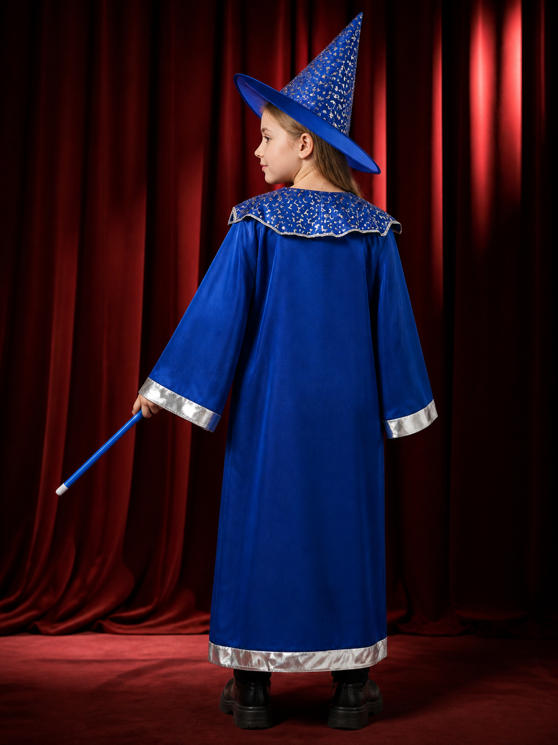 Blue Wizard Costume Set, Star Moon Cloak and Pointed Hat back view