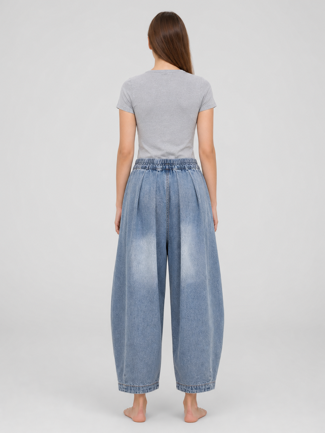 Wide-Leg Denim Pants with Elastic Waistband and Drawstring