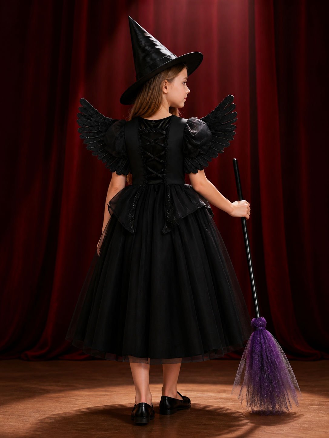 Girls Black Princess Witch Costume Set - Tulle Dress with Wings, Hat & Broom back view