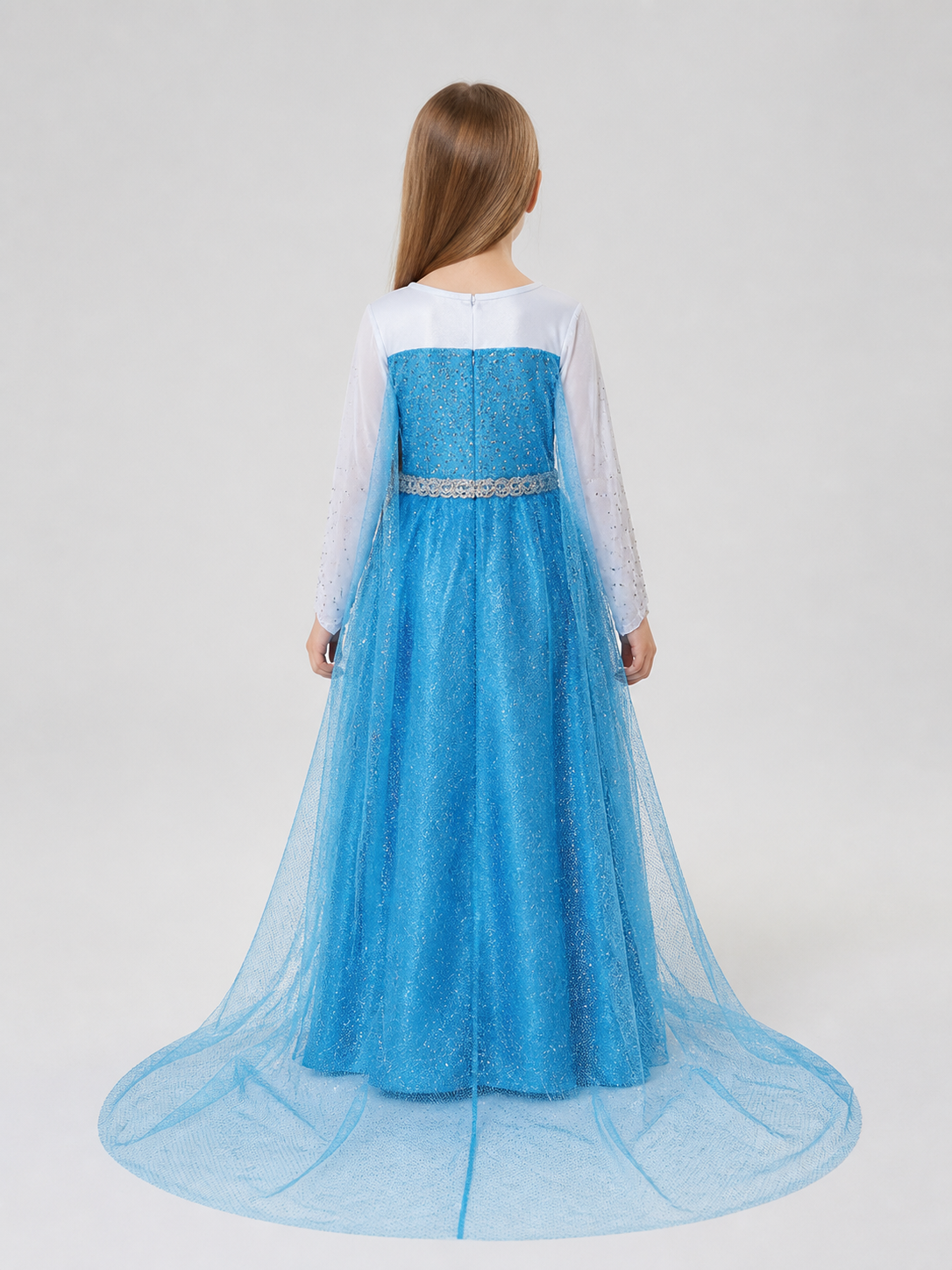 White and Blue Princess Dress with Lace Train back view