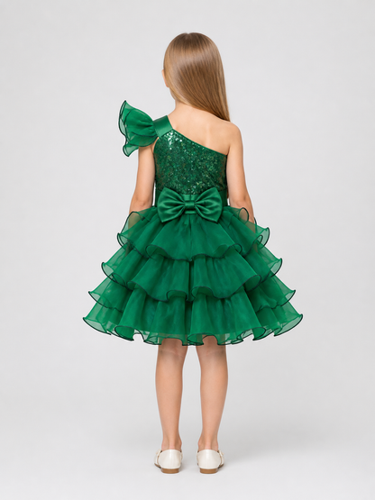 Festive Green Princess Dress with Bow back view