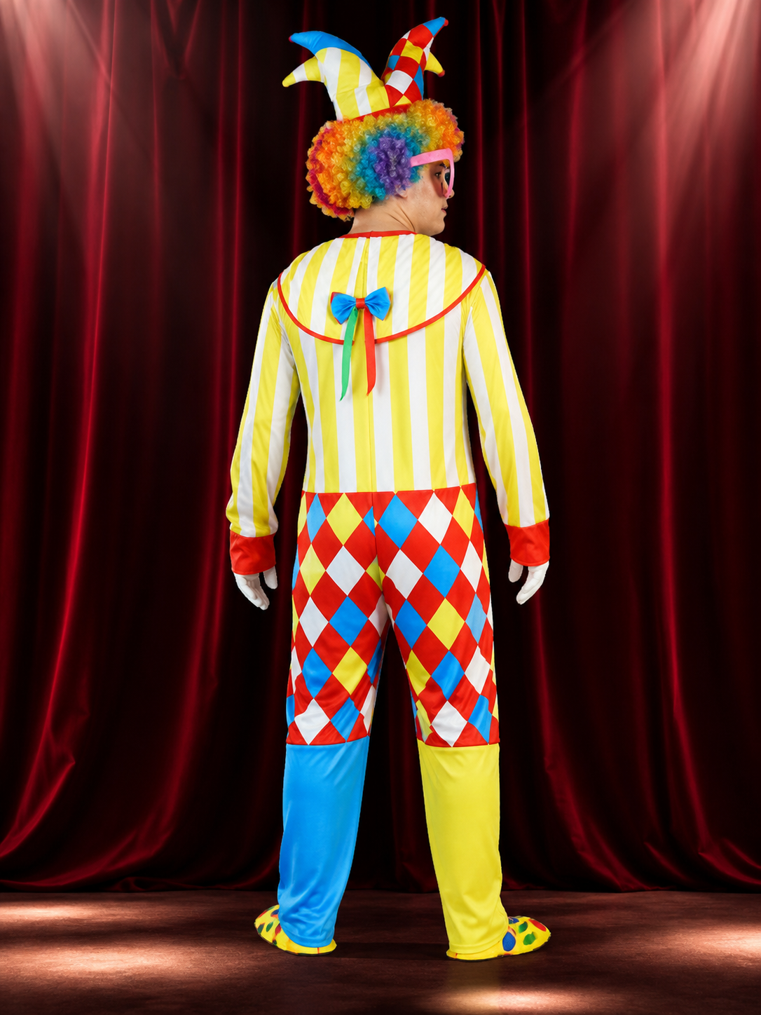 Unisex Clown Bodysuit Costume with Hat, Colorful Striped Jumpsuit for Halloween back view