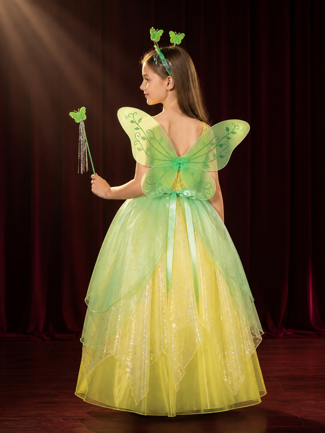 Girls Tinker Bell Fairy Princess Costume Dress with Butterfly Wings and Magic back view