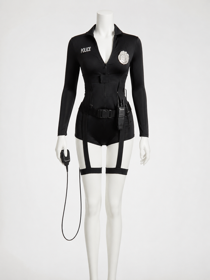 Women's Sexy Police Officer Bodysuit Costume Set with Leg Straps and back view