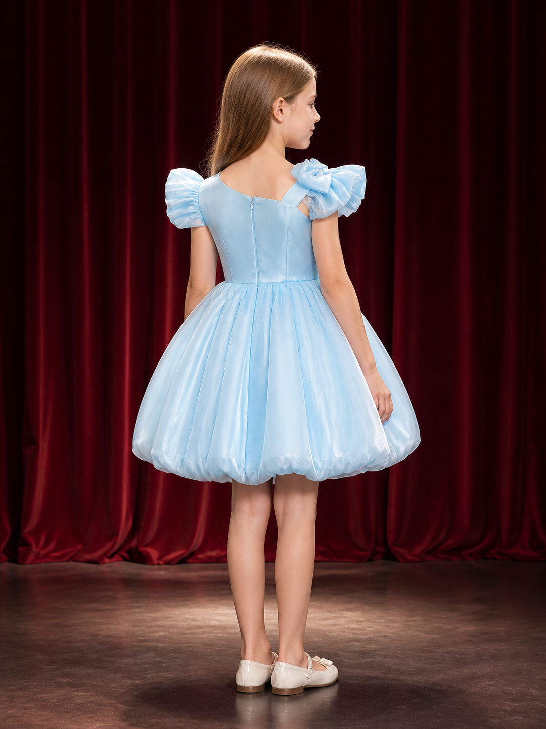Toddler Girls' Sky Blue Princess Dress with Puff Sleeves and Bow back view