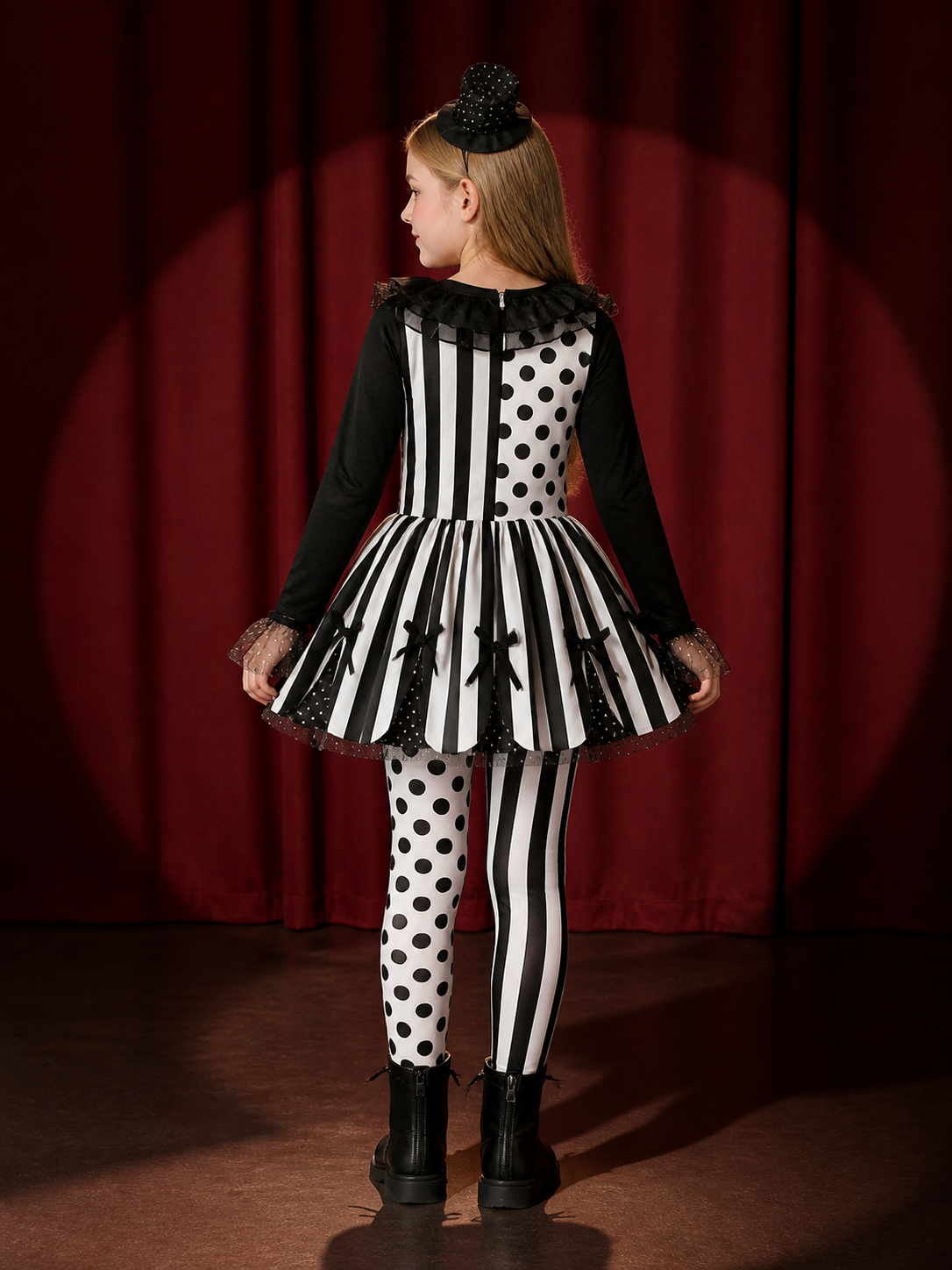 Kids Clown Costume Set, Polka Dot Stripe Dress With Hat back view