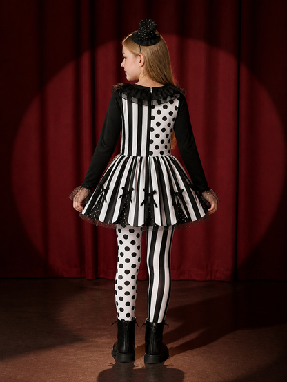 Kids Clown Costume Set, Polka Dot Stripe Dress With Hat back view