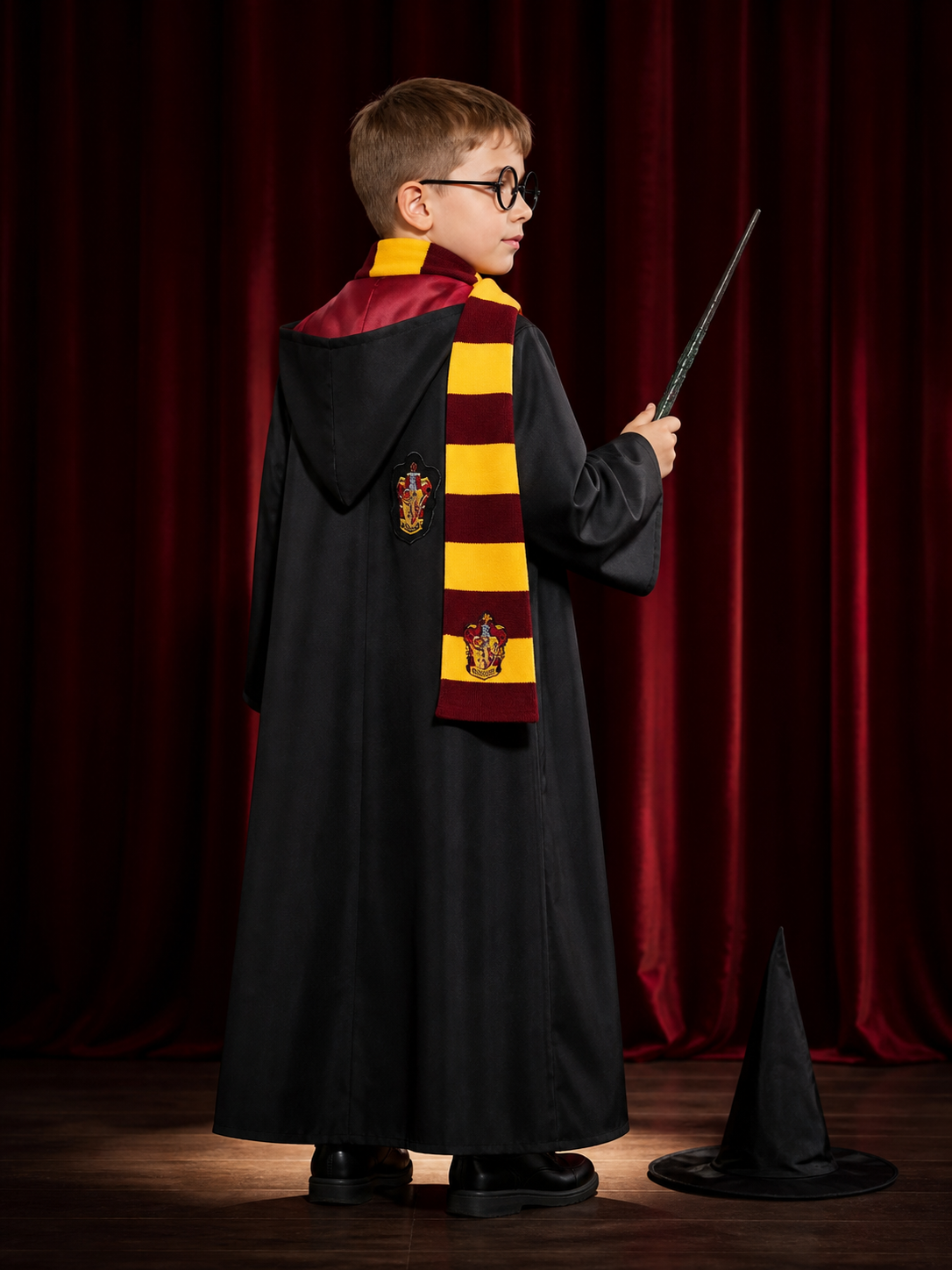 Kids Wizard Robe Costume Set, Hooded Cloak with Striped Scarf, Tie, Hat, Glasses