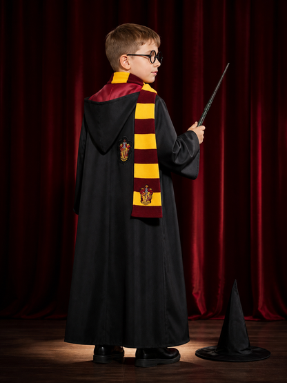 Kids Wizard Robe Costume Set, Hooded Cloak with Striped Scarf, Tie, Hat, Glasses