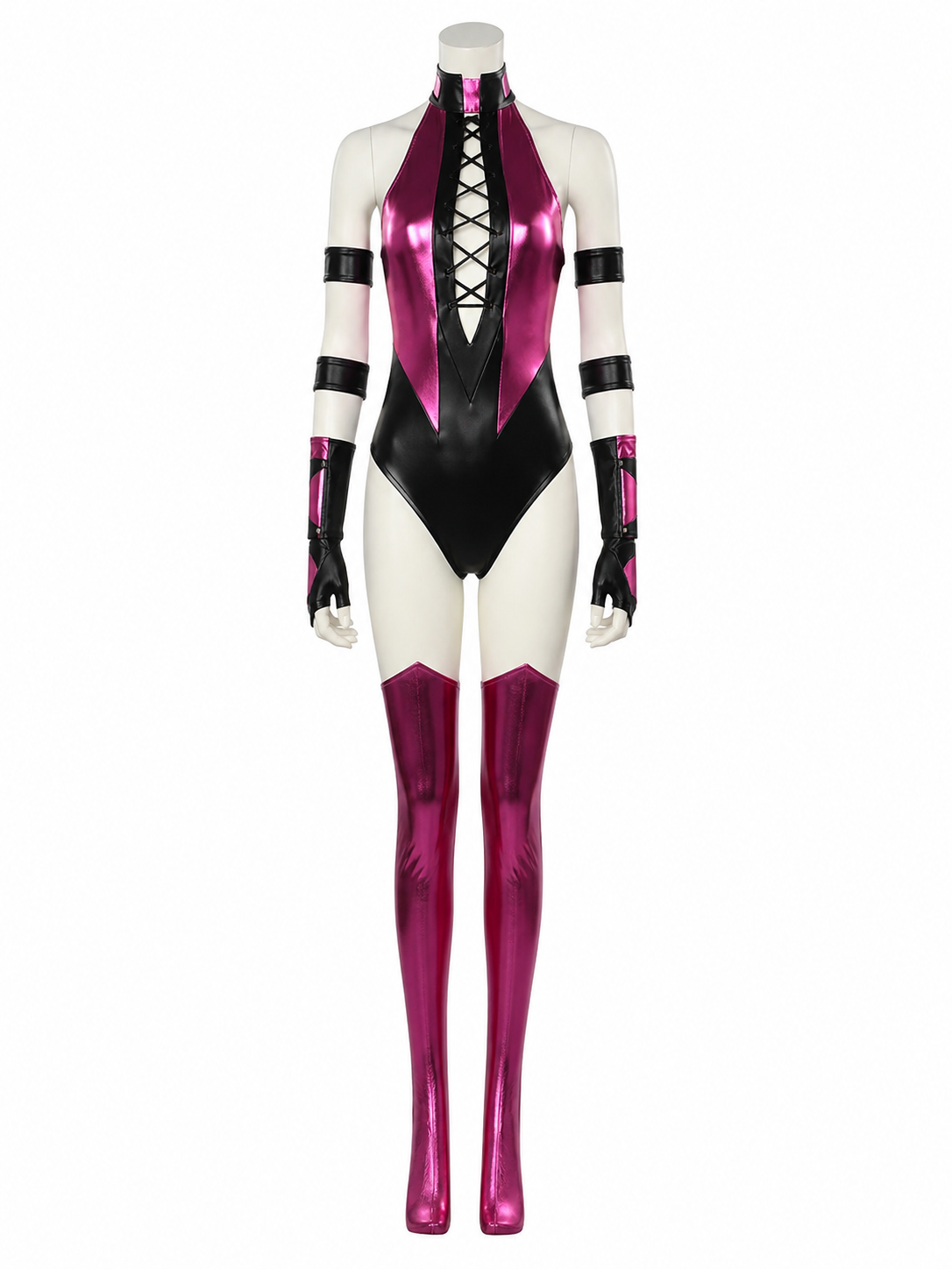 Women's Sexy Cosplay Bodysuit Costume, High Slit, Pink Black Cross Tie back view