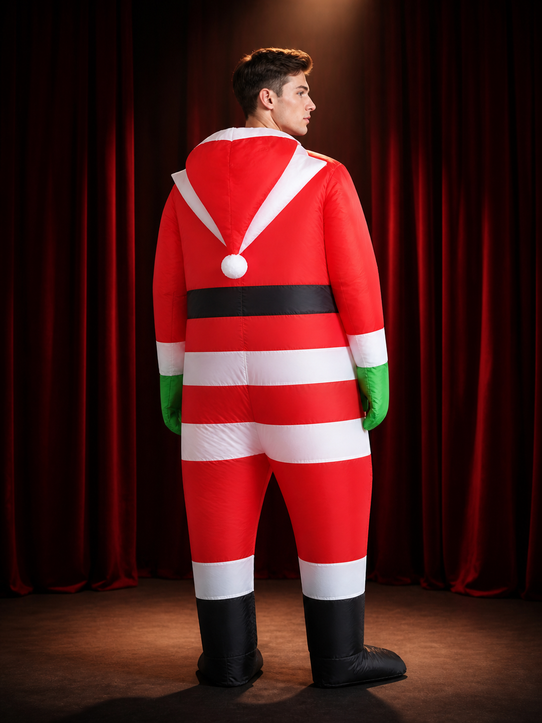 Red and White Striped Santa Claus Costume Bodysuit with White Legs and Green back view