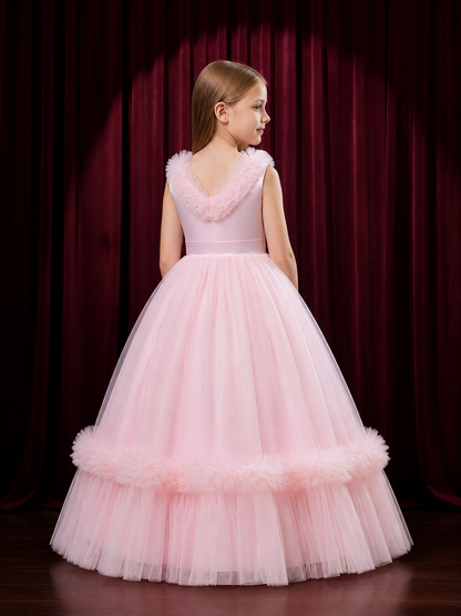 Girls' Pink Princess Formal Dress, Sleeveless V-Neck Ruffle Layered Tulle Gown