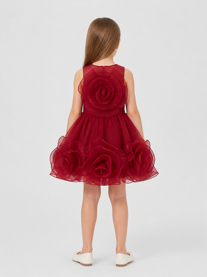 Burgundy Puffed Dress with a Layered Skirt and 3D Flowers back view