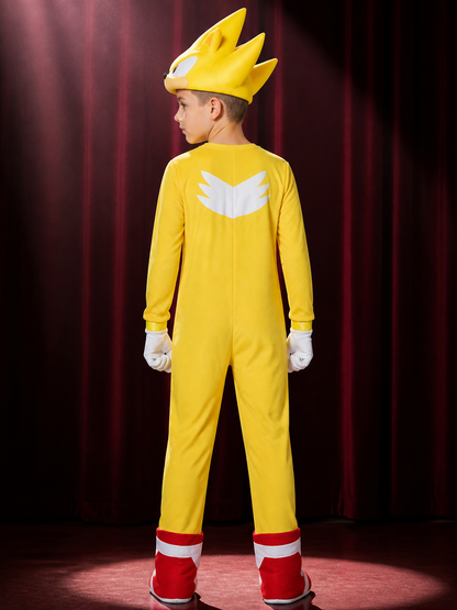Yellow Spiked Character Bodysuit Halloween Costume Set with Headpiece and Gloves back view