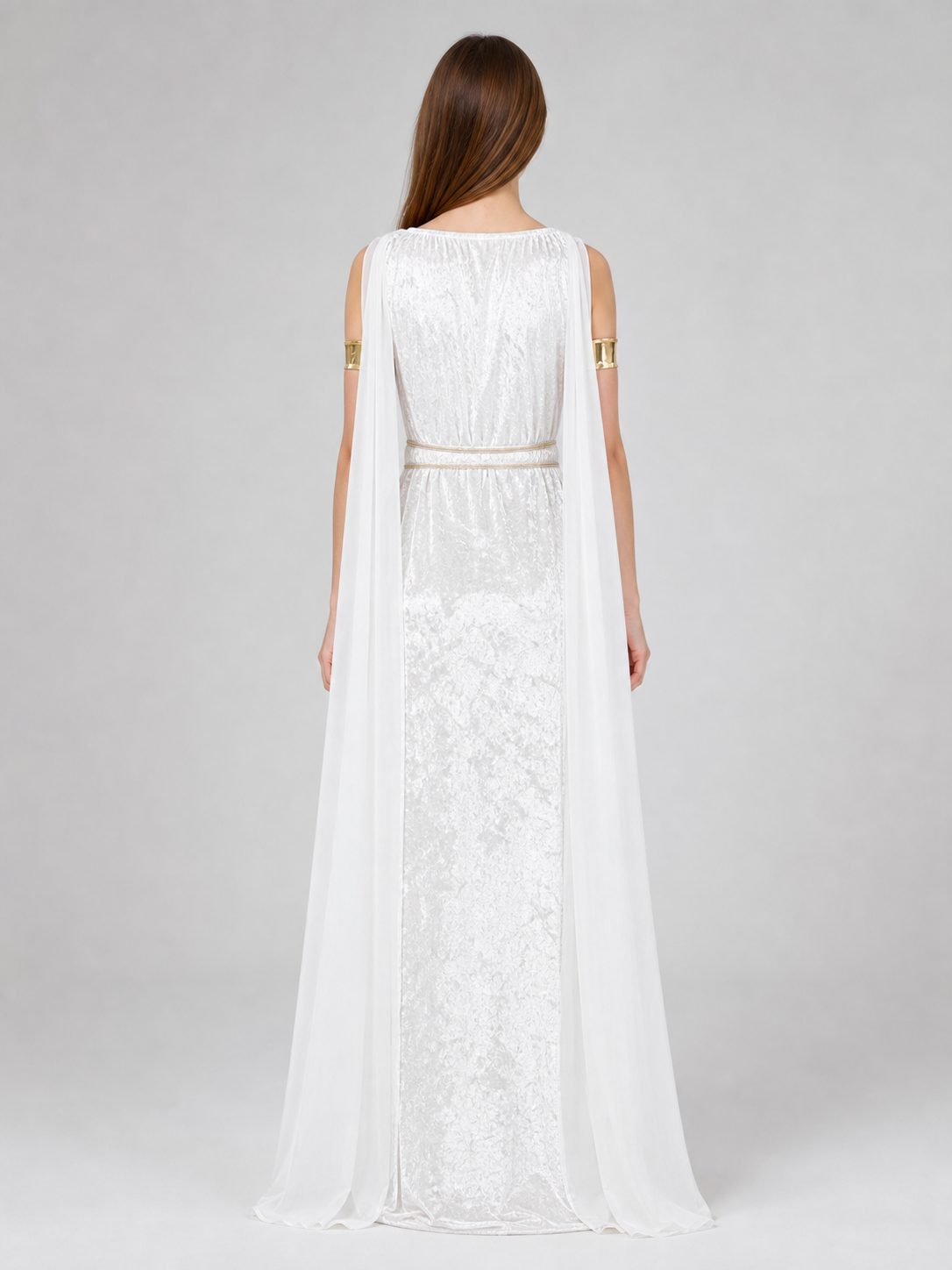 White long Greek-style dress with a high slit