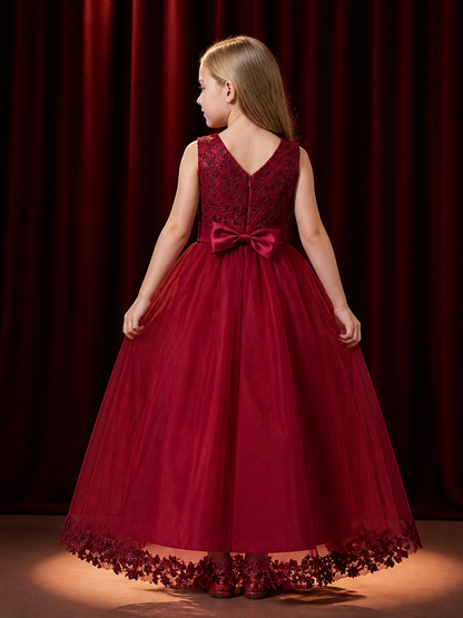 Red Princess Formal Dress, Sleeveless Lace Bodice, Layered Tulle Skirt back view