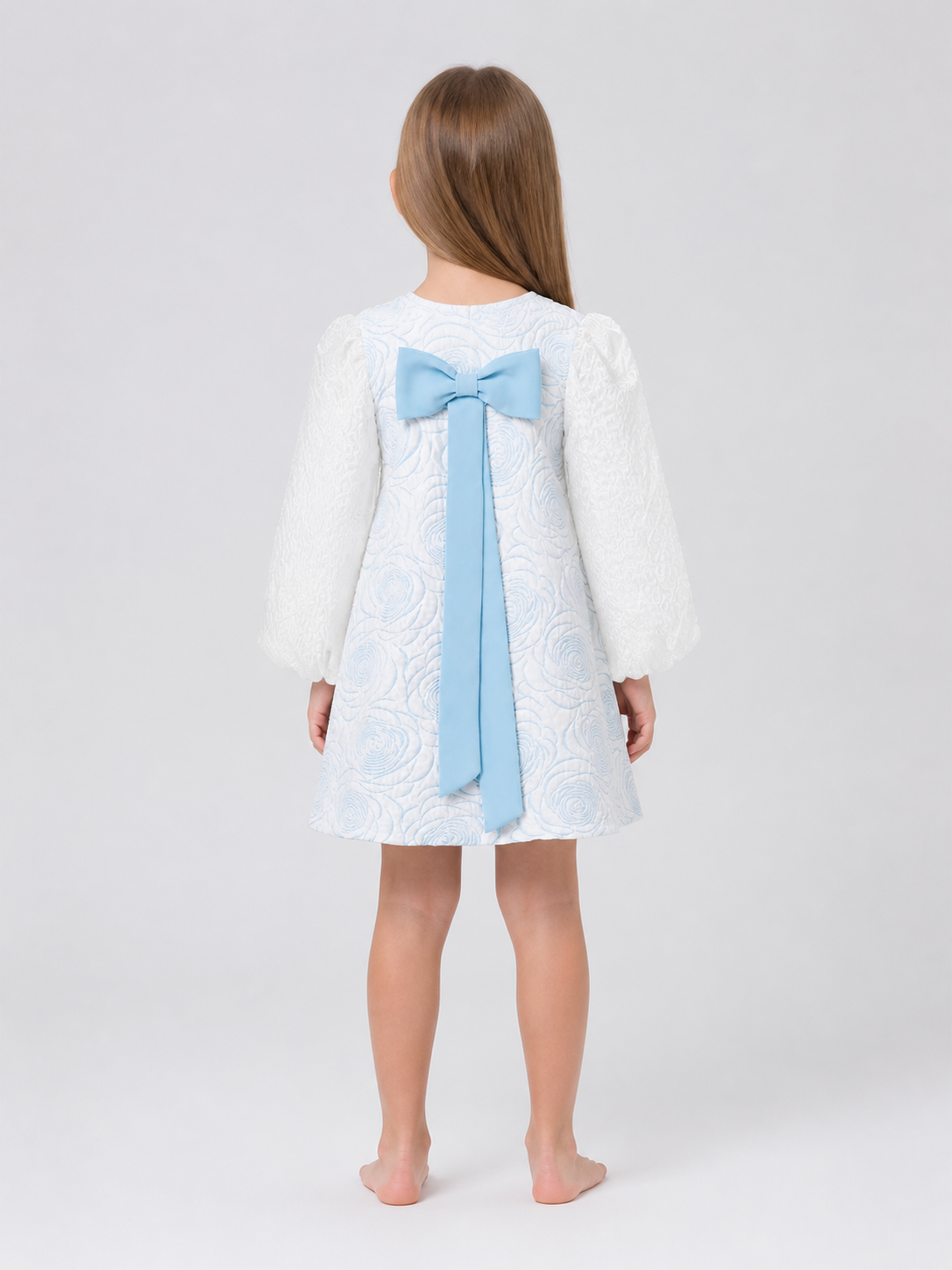 Children’s Dress with Bow, Full Skirt, Long Sleeves back view