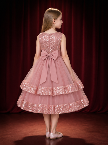 Toddler Girls' Sequined Princess Dress with Layered Tulle Skirt and Bow back view