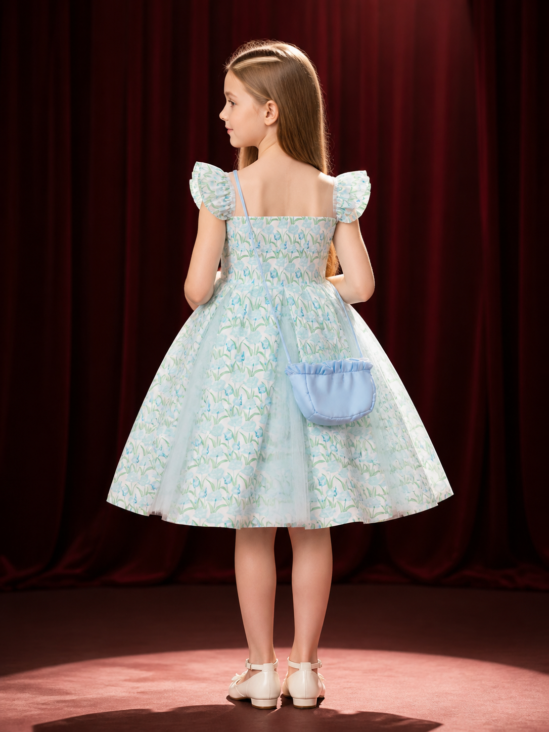 Girls' Blue Floral Princess Dress With Layered Tulle Skirt And Flutter Sleeves back view