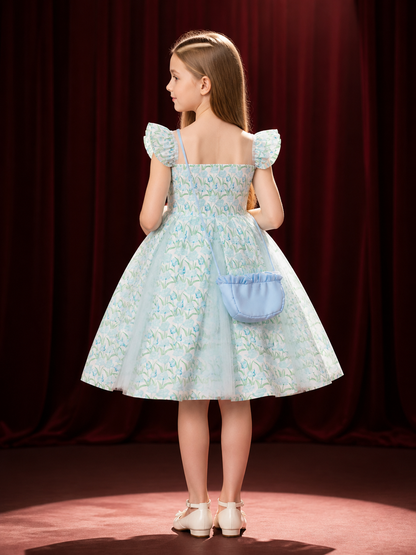Girls' Blue Floral Princess Dress With Layered Tulle Skirt And Flutter Sleeves back view