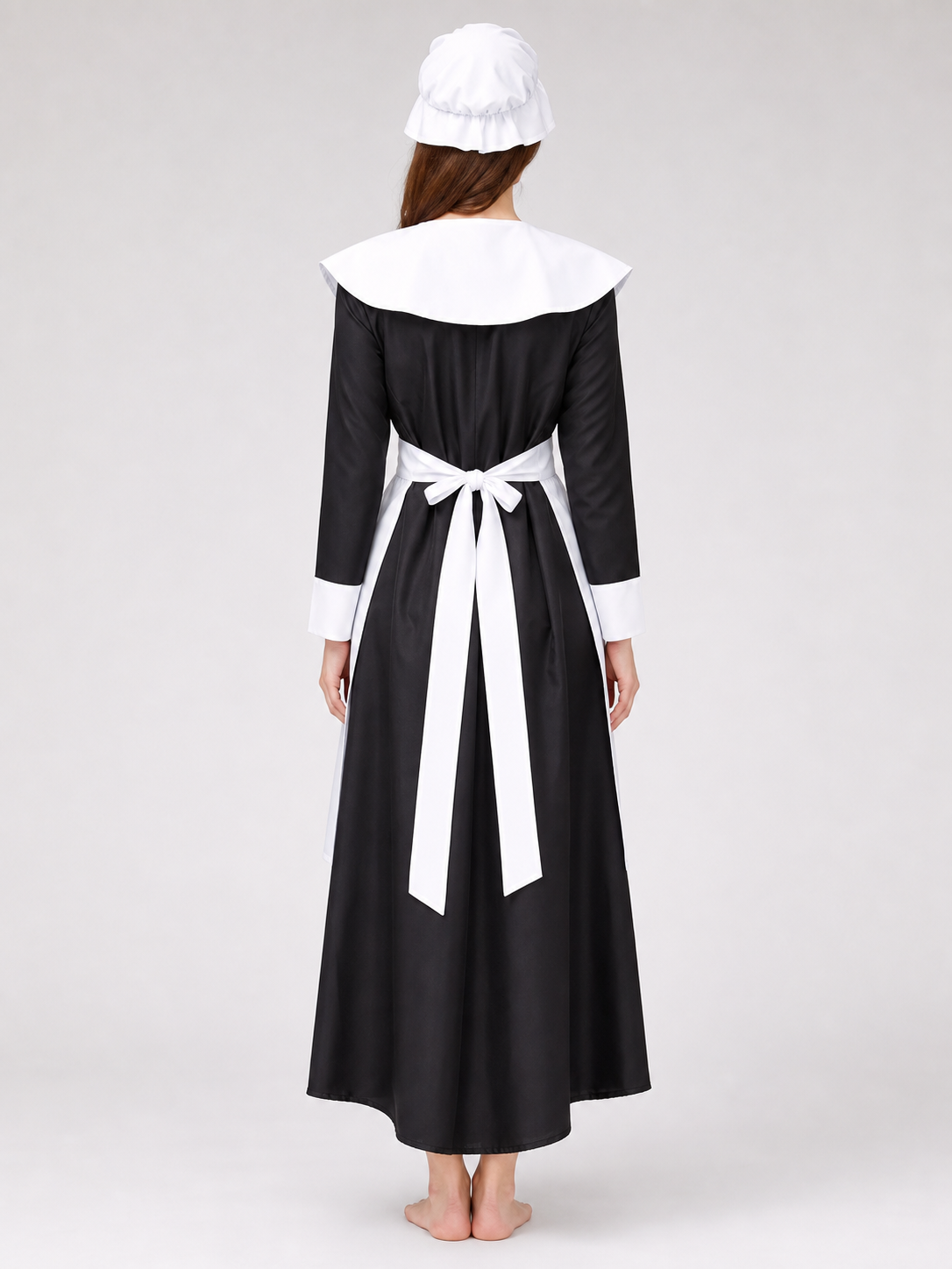 Black and White Maid Costume with Apron and Collar back view