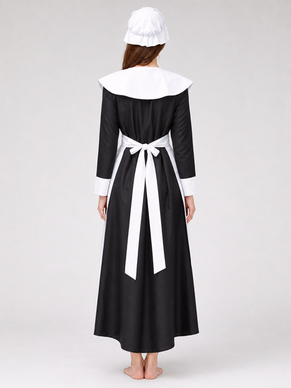 Black and White Maid Costume with Apron and Collar back view