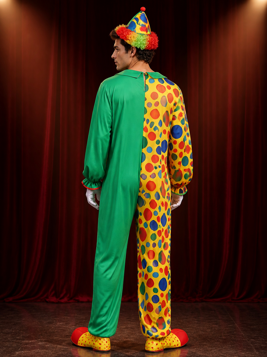 Unisex Adult Clown Jumpsuit Costume with Hat, Polka Dot Print & Color Block back view