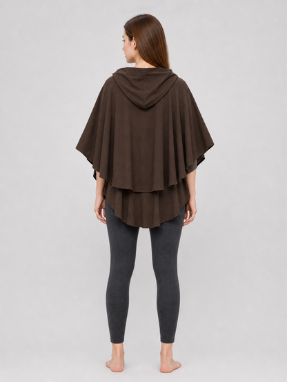 Women's Hooded Wanderer Cloak Costume with Layered Hem, Shoulder Draped Pleats