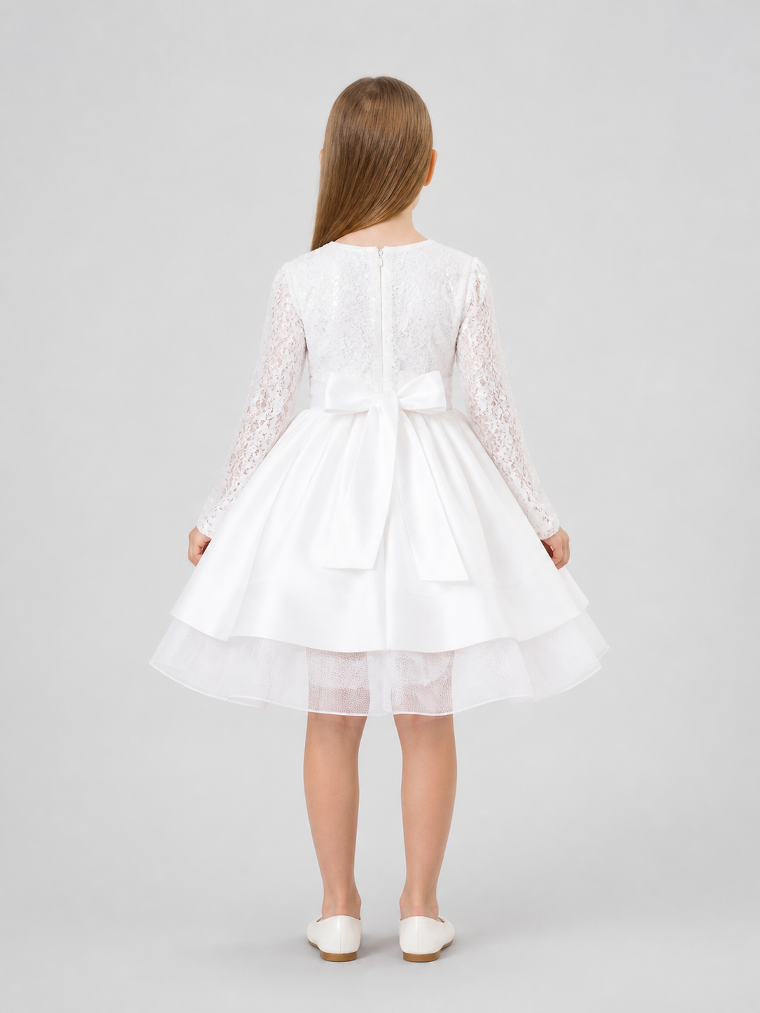 White Sequin Princess Dress for Girls with Long Sleeves back view