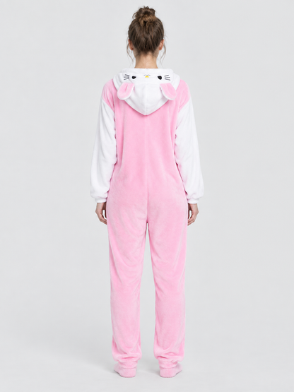 Pink Fleece Hooded Pajama Jumpsuit with Ears