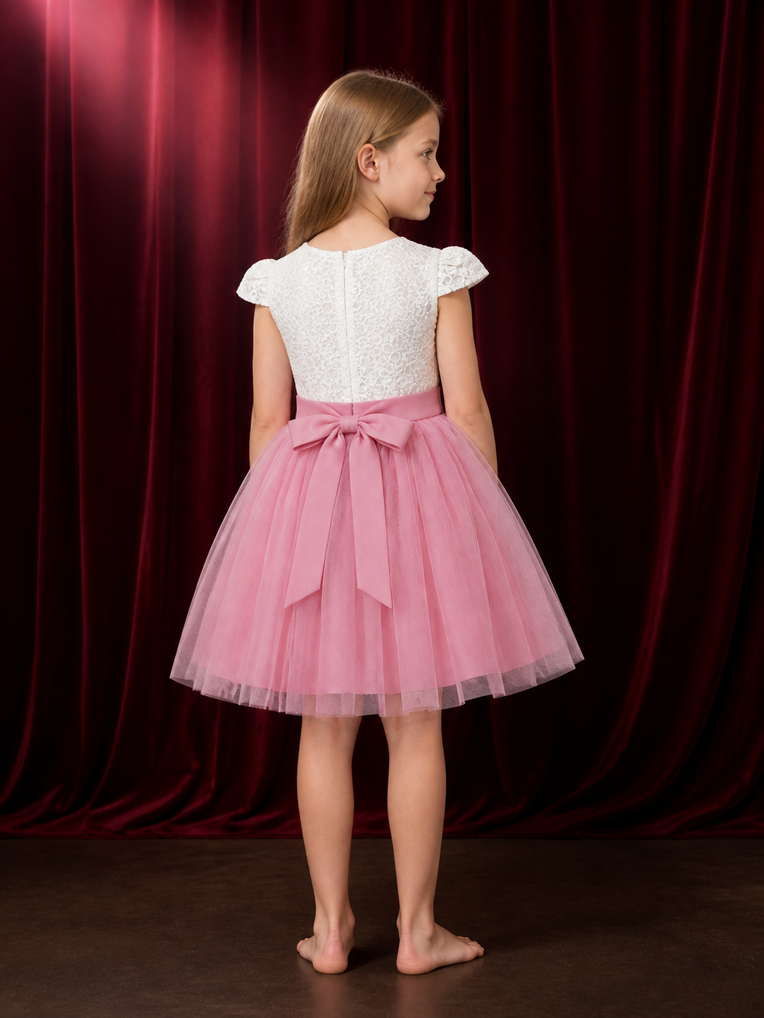 Girls' Princess Dress, Lace Bodice, Layered Tulle Skirt, Flutter Sleeves And Bow back view