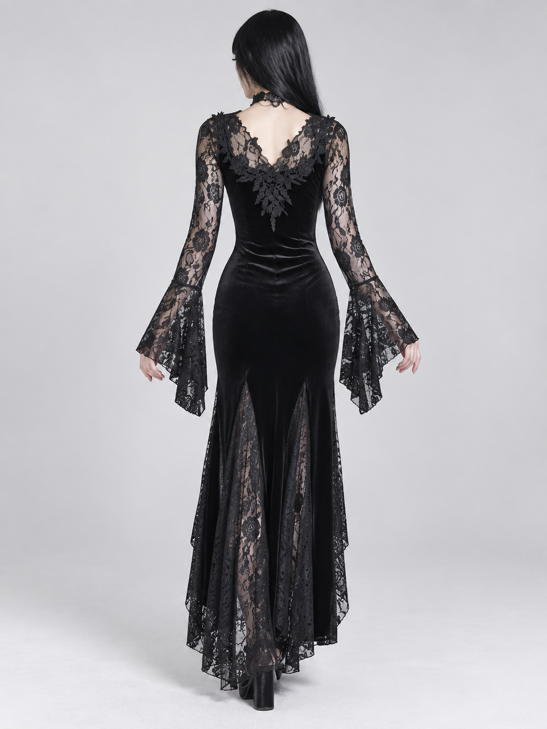 Black Gothic Dress with Lace and Deep Neckline