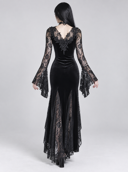 Black Gothic Dress with Lace and Deep Neckline