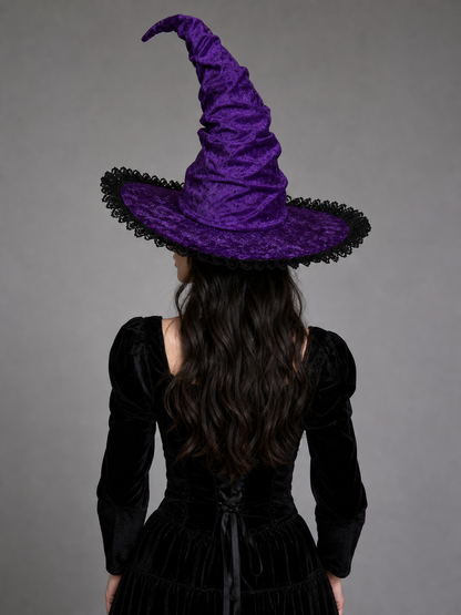 Purple Halloween Witch Hat Pointed Wide Brim Gothic Costume Accessory With Black Lace-Like Trim For Cosplay Themed Parties