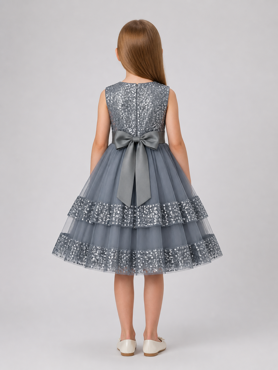 Girls’ Princess Dress with Sequins and a Layered Skirt back view