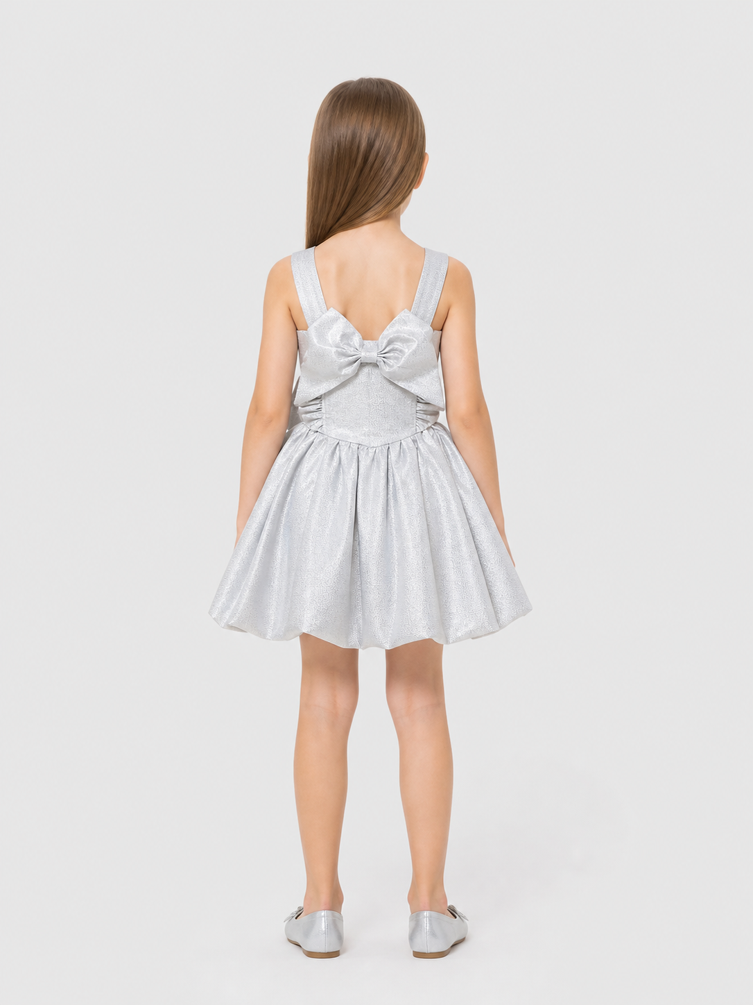 Silver Dressy Dress with a Bow and Full Skirt back view