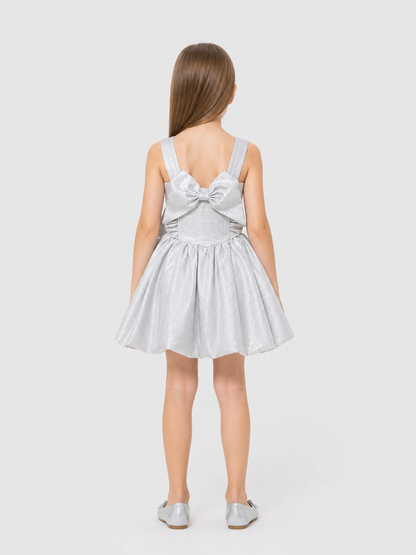 Silver Dressy Dress with a Bow and Full Skirt back view
