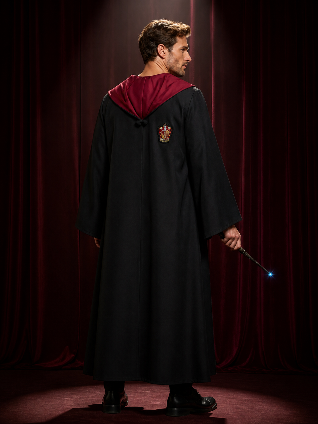 Hooded Wizard Robe Costume Set with Magic Wand, Black Long Cloak back view