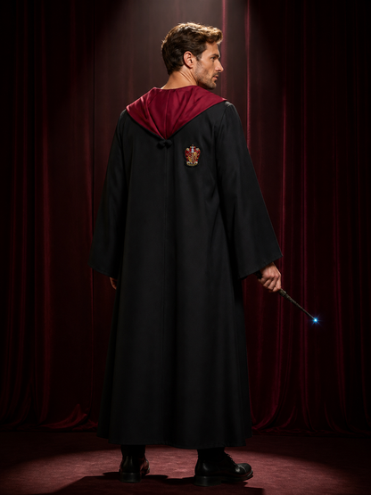 Hooded Wizard Robe Costume Set with Magic Wand, Black Long Cloak back view