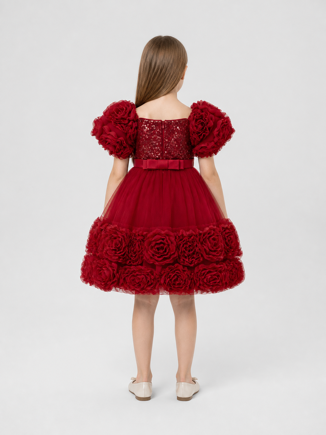 Festive Sequin Princess Dress with a Full Skirt back view