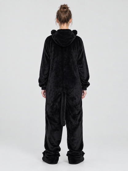 Black Flannel Cat Hooded Kigurumi Pajama